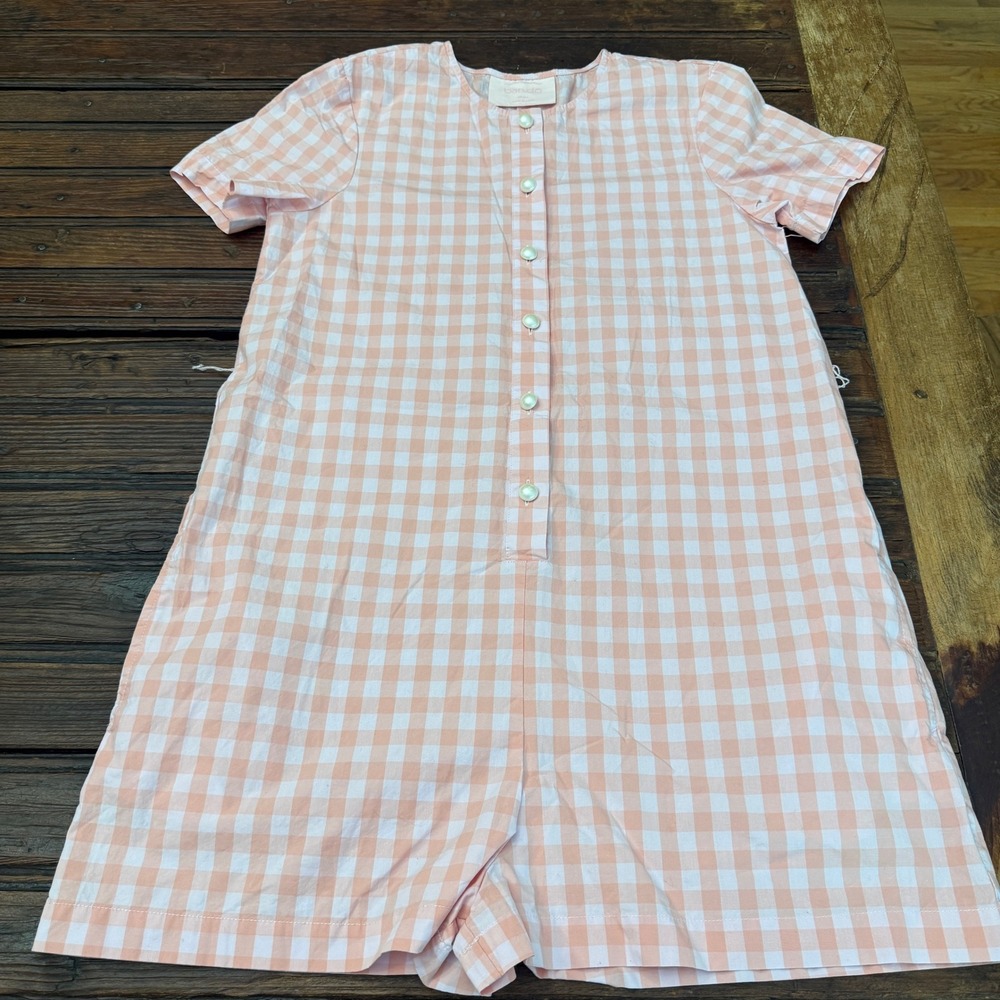 Ban.do Womens Peach Gingham Cotton Romper Small Pink White Plaid Pearl Button